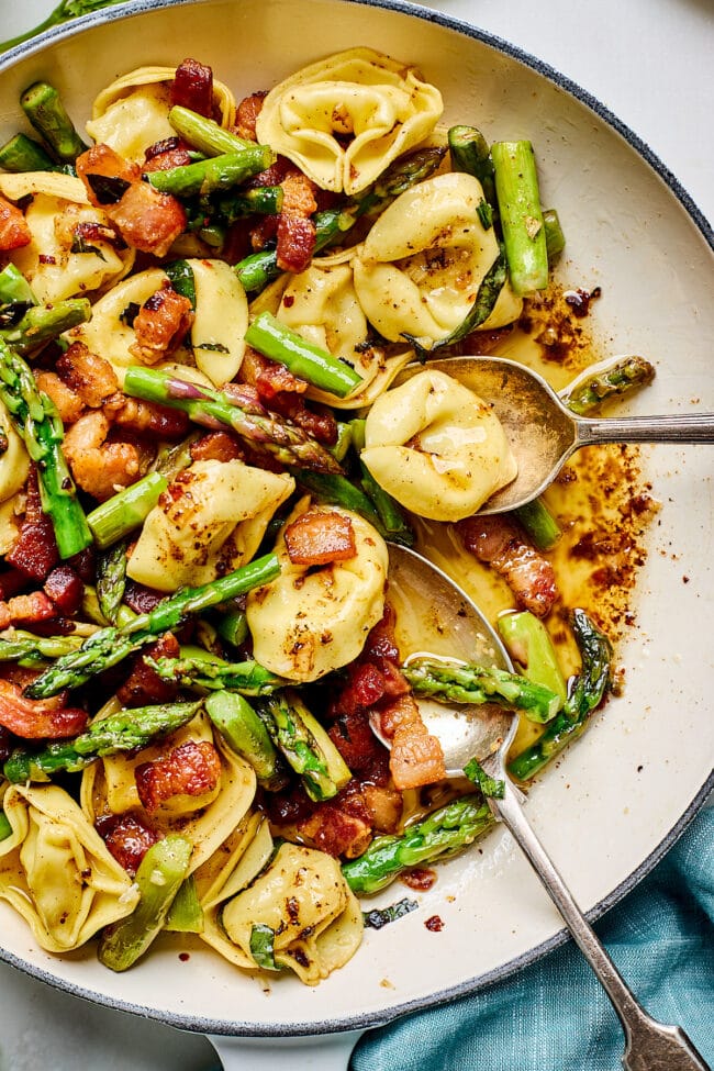 brown butter bacon tortellini with asparagus