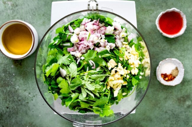 chimichurri ingredients in food processor