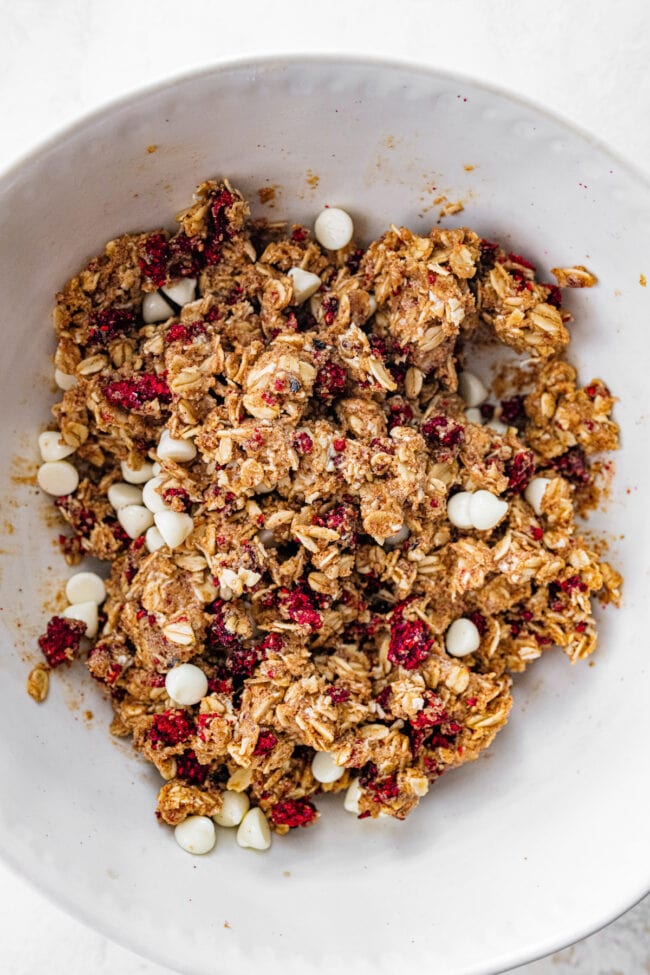 white chocolate raspberry energy ball dough in bowl.