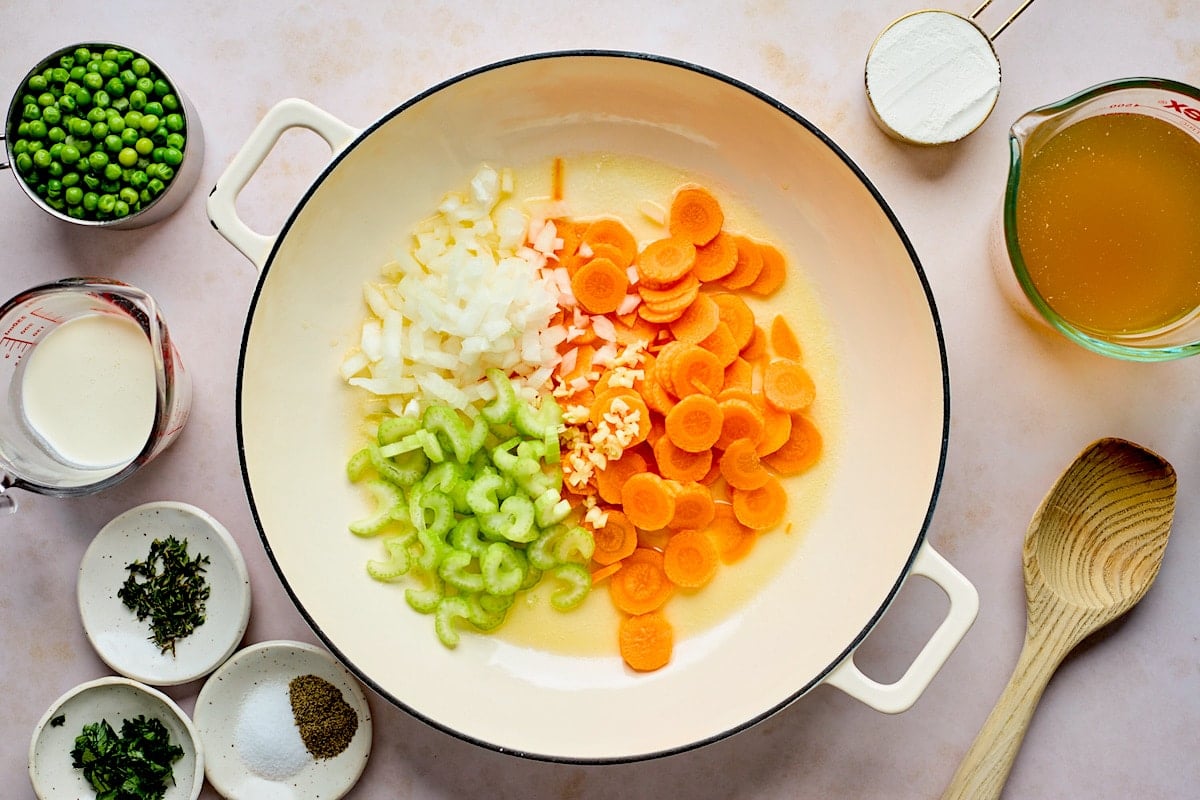 onion, ,carrots, celery, and garlic cooking in a skillet for chicken pot pie filling.