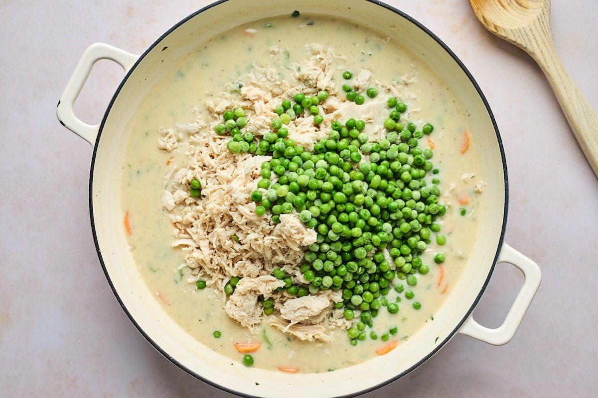 chicken pot pie filling in pan.
