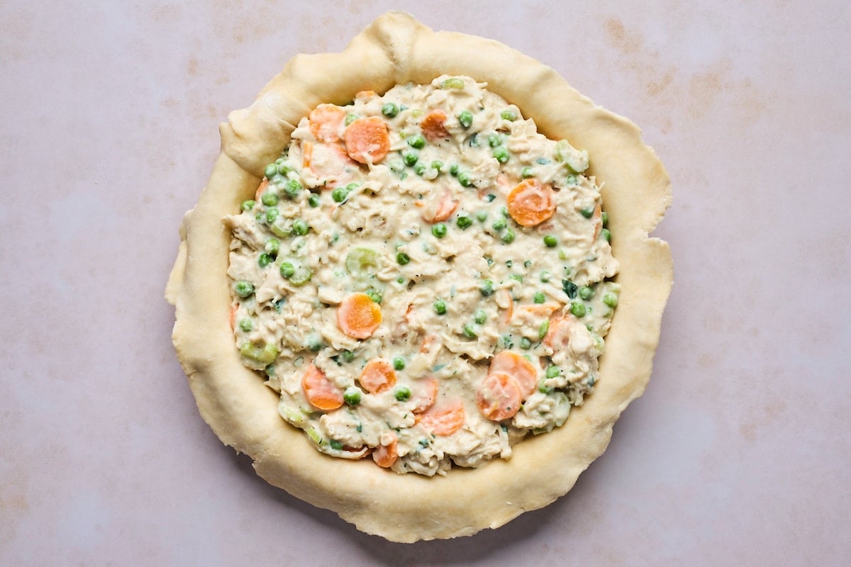 pie crust filled with chicken pot pie filling.