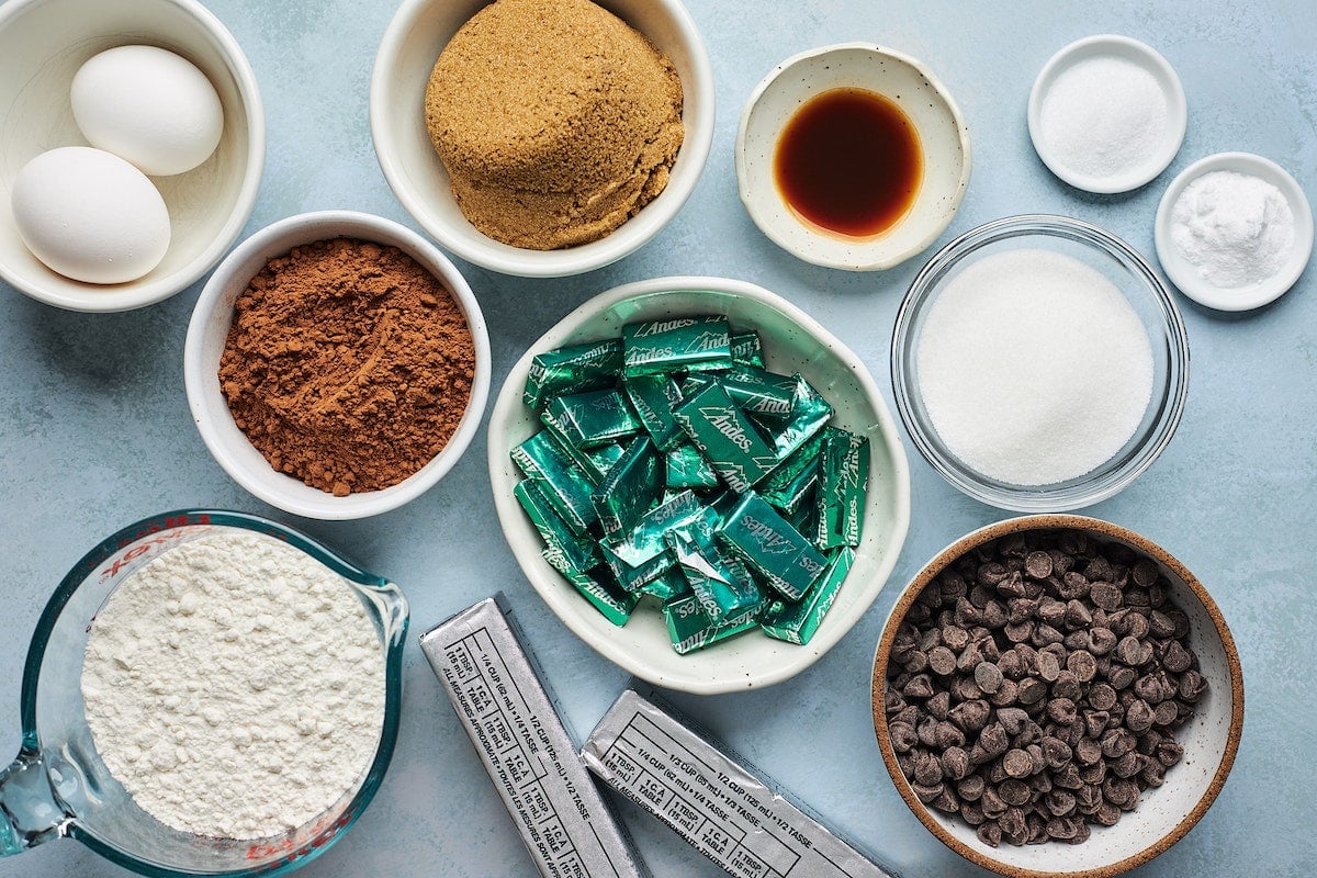 Andes mint skillet cookie ingredients in bowls.