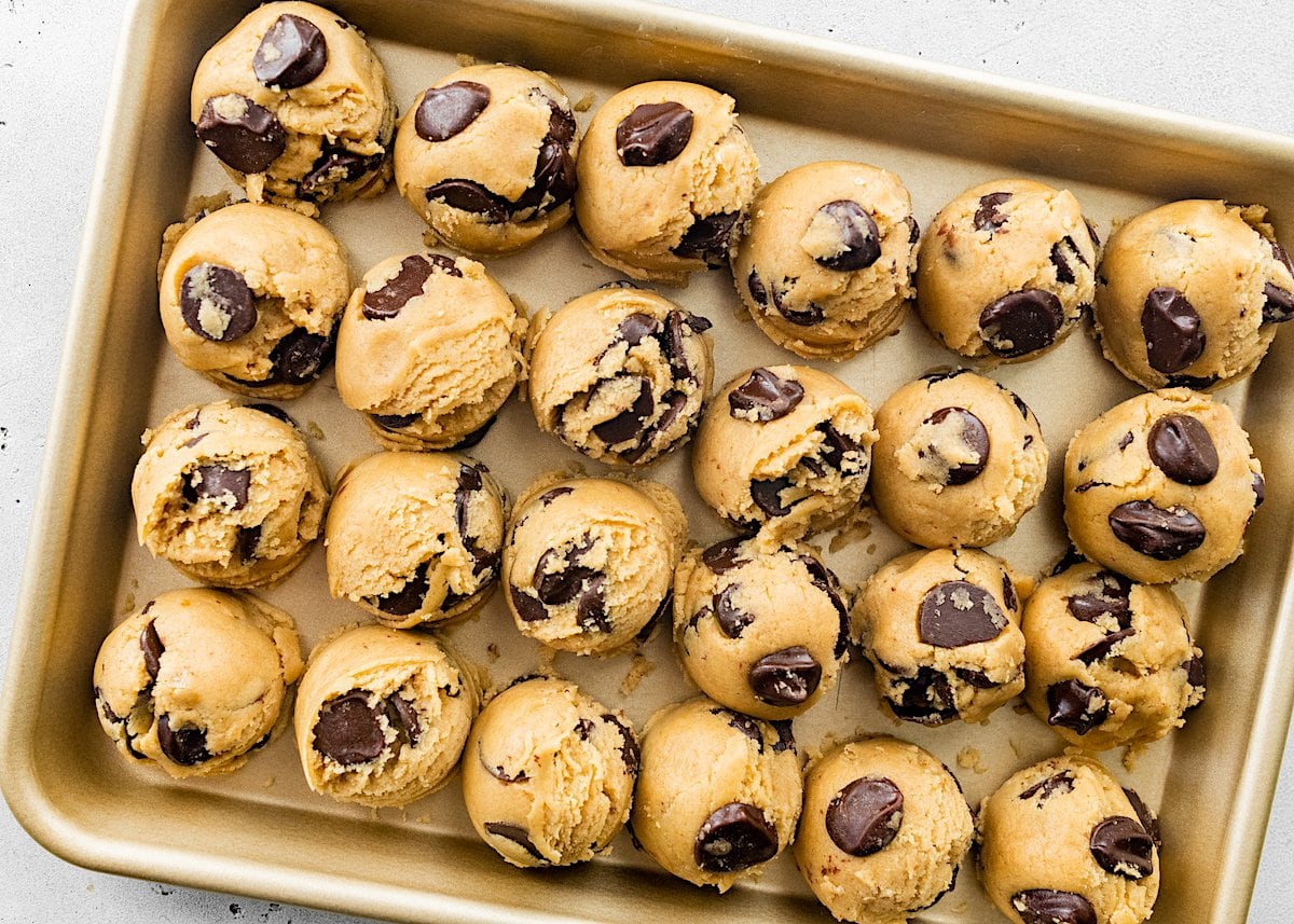Brown Butter Chocolate Chip Cookie dough scooped onto baking sheet.