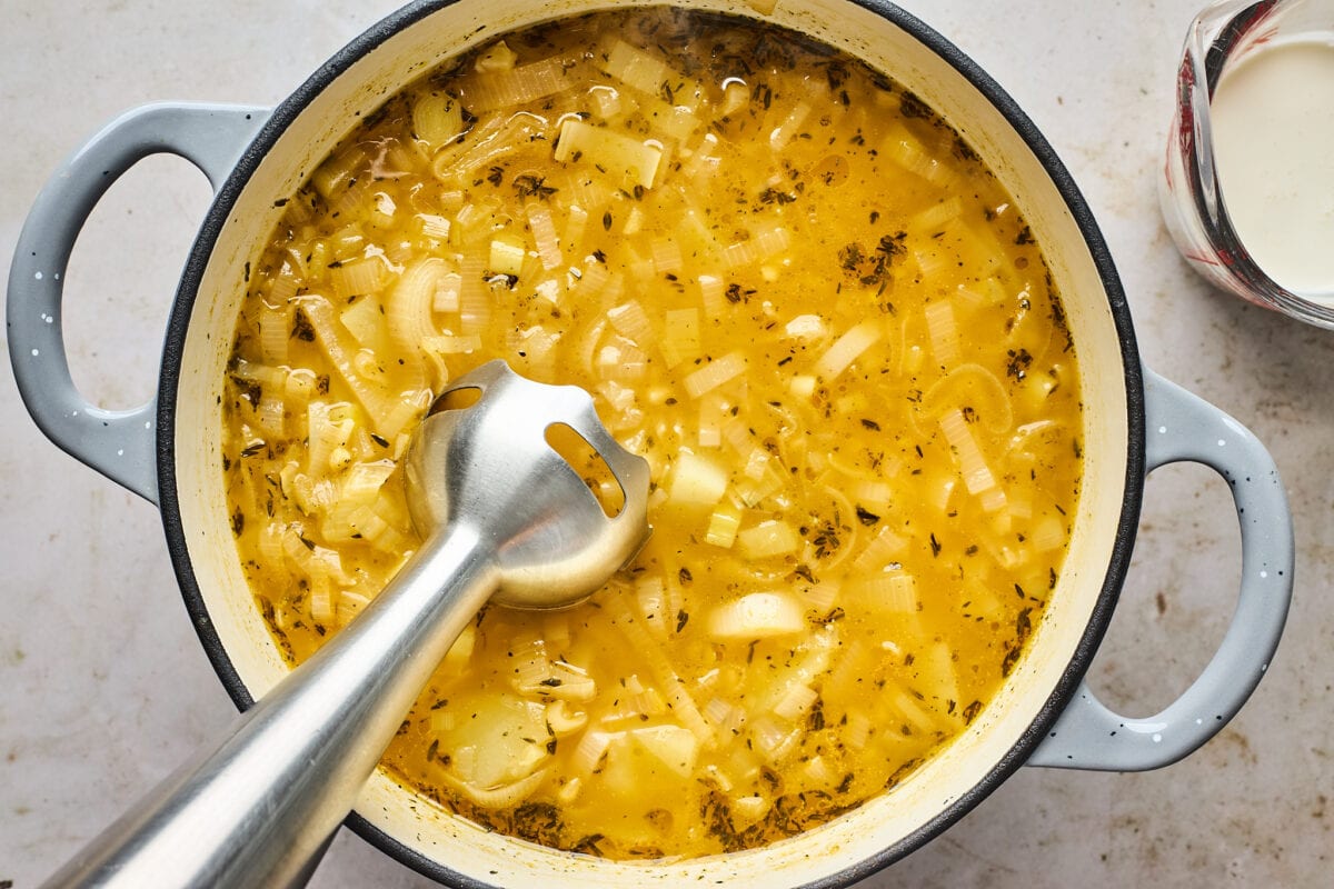 Immersion blender in a soup pot