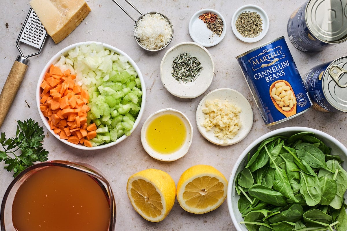 white bean soup ingredients in bowls.