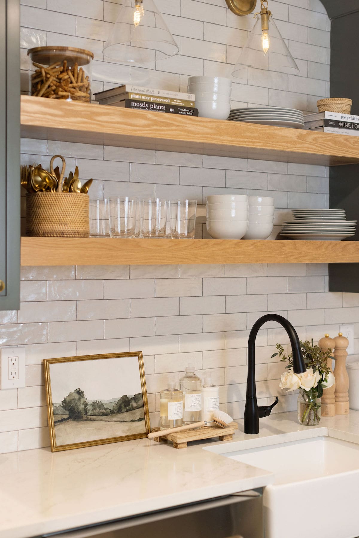 basement kitchen with wood open shelves.