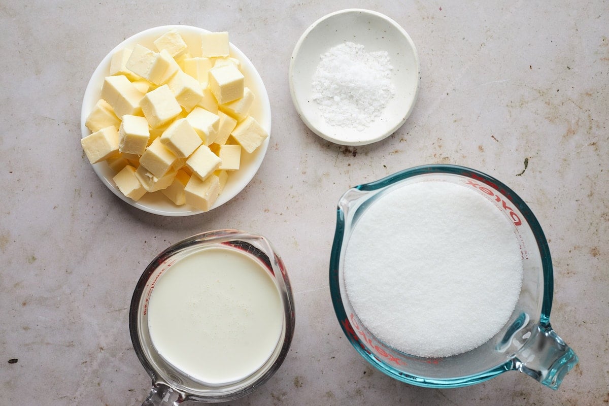 butter, heavy cream, sugar, and salt to make salted caramel sauce.