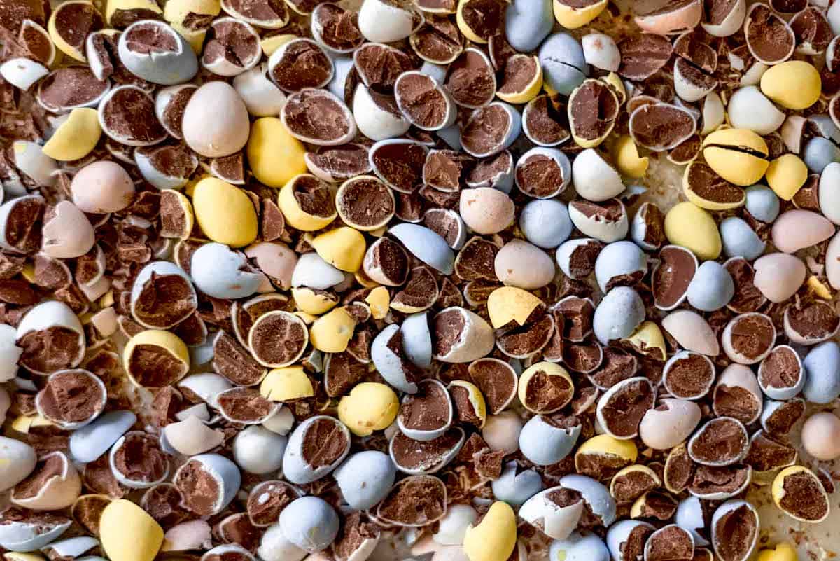 Cadbury mini eggs chopped for blondies.
