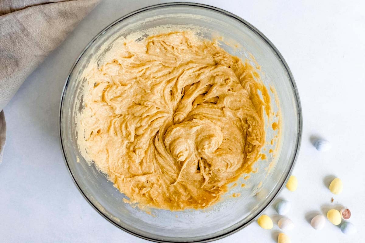 butter and sugars creamed in large glass mixing bowl.