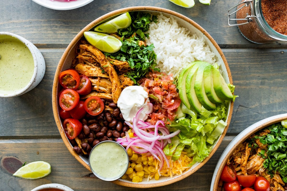 burrito bowl with creamy cilantro lime dressing.