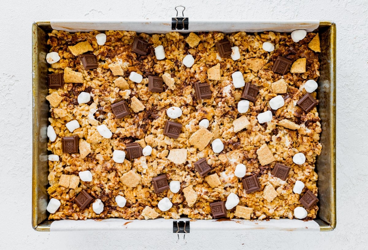 s'mores rice krispie treats in pan.