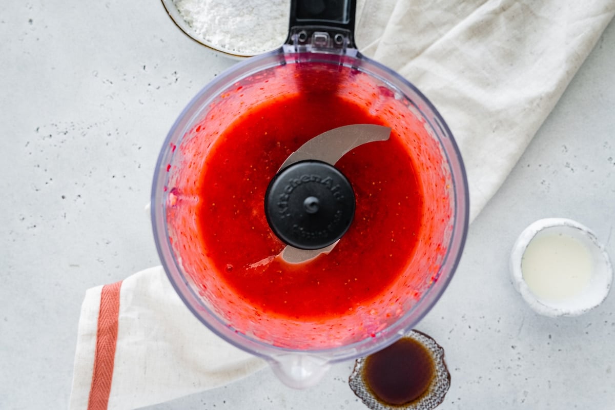 strawberry puree in food processor.