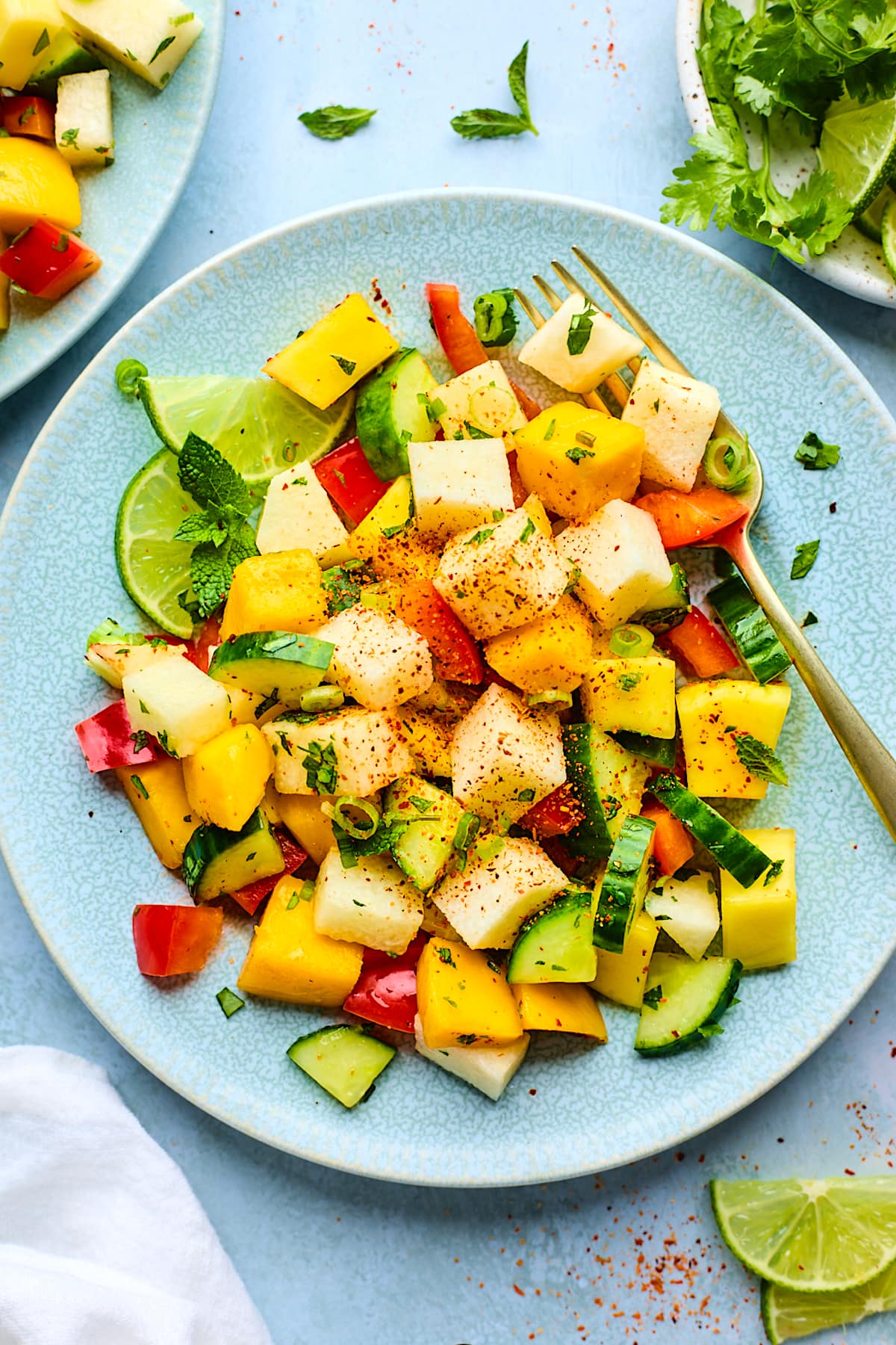 mango salad with jicama, cucumber, red pepper, cilantro, mint, and lime on blue plate with fork.