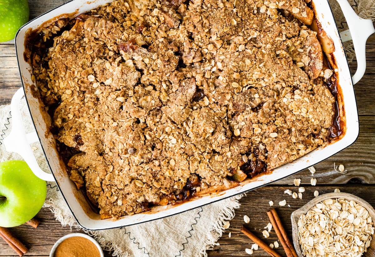 baked apple crisp in baking pan.