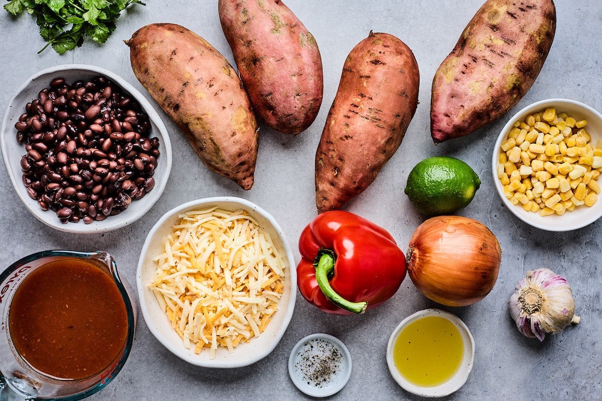 ingredients to make stuffed sweet potatoes.