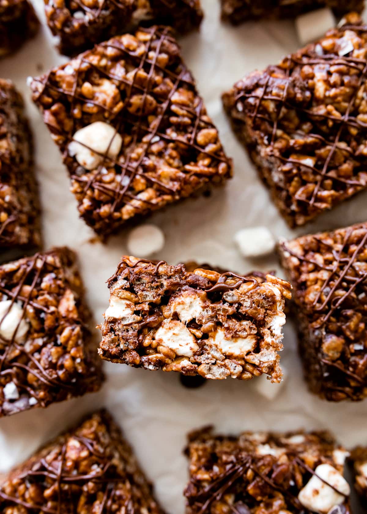 chocolate rice krispie treats with mini marshmallows.