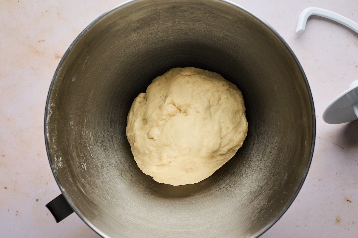 dinner roll dough in mixing bowl.