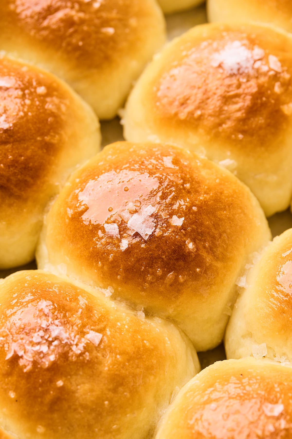 close up of dinner rolls brushed with melted butter and sprinkled with flaky sea salt.