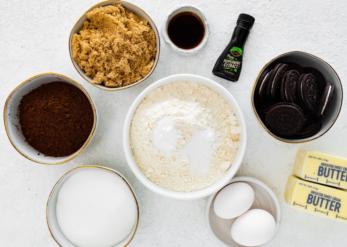 ingredients in bowls to make homemade peppermint Oreo cookies.