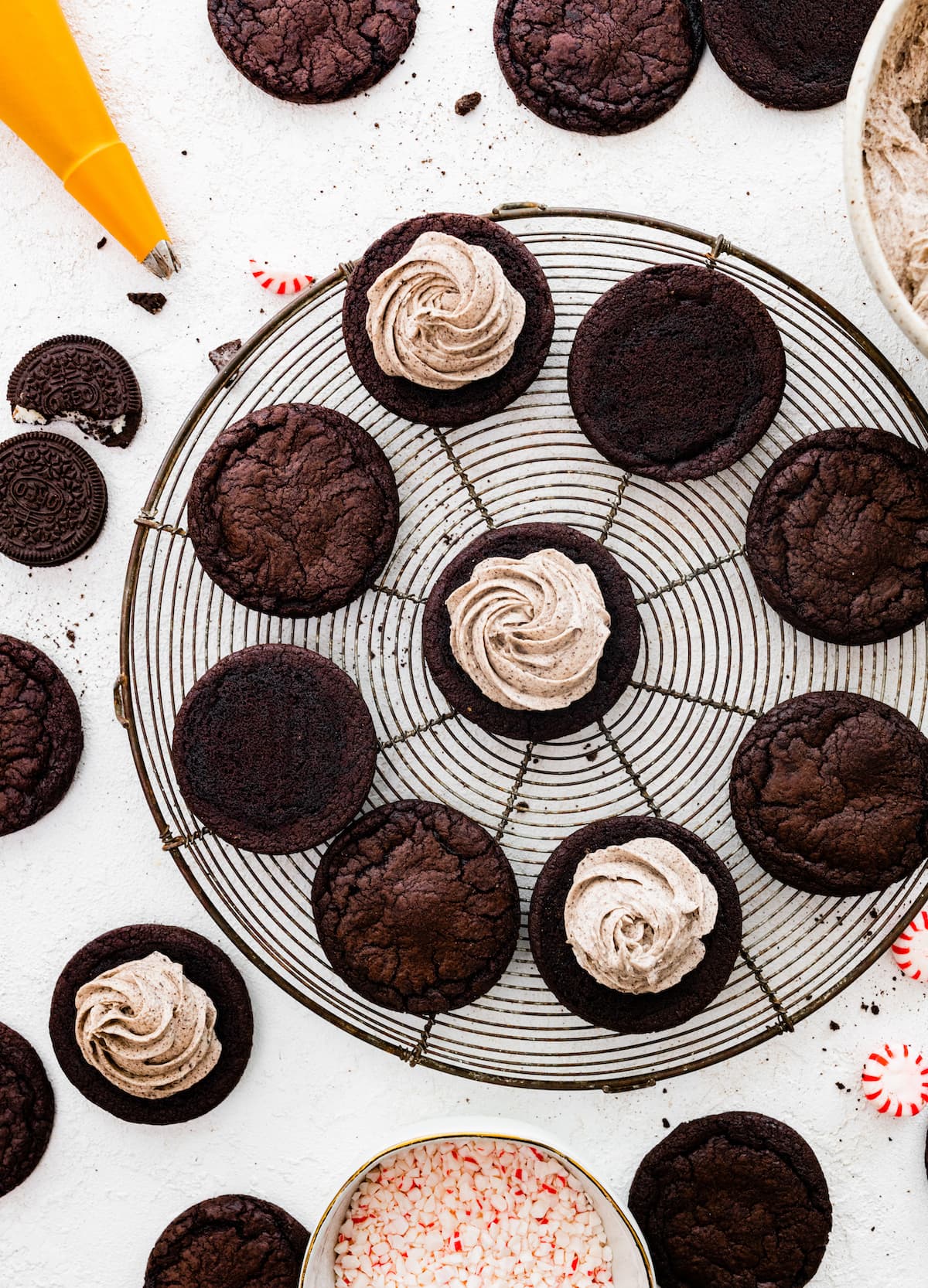 homemade peppermint Oreo cookies on cooling rack.
