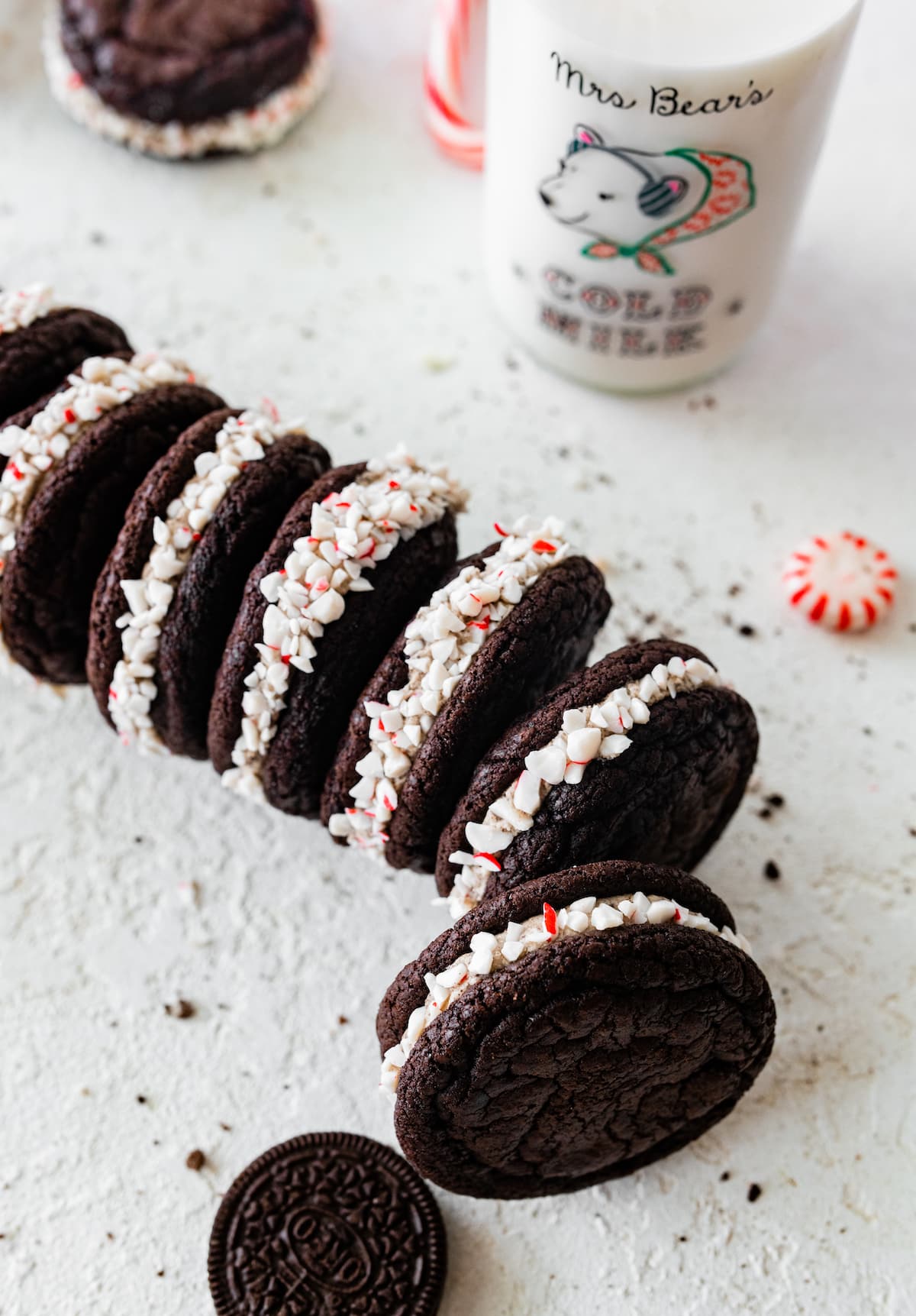 homemade peppermint Oreo cookies with crushed peppermint candies.