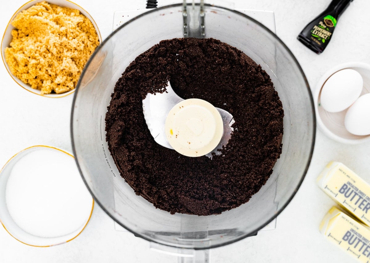 crushed Oreo cookies in food processor.