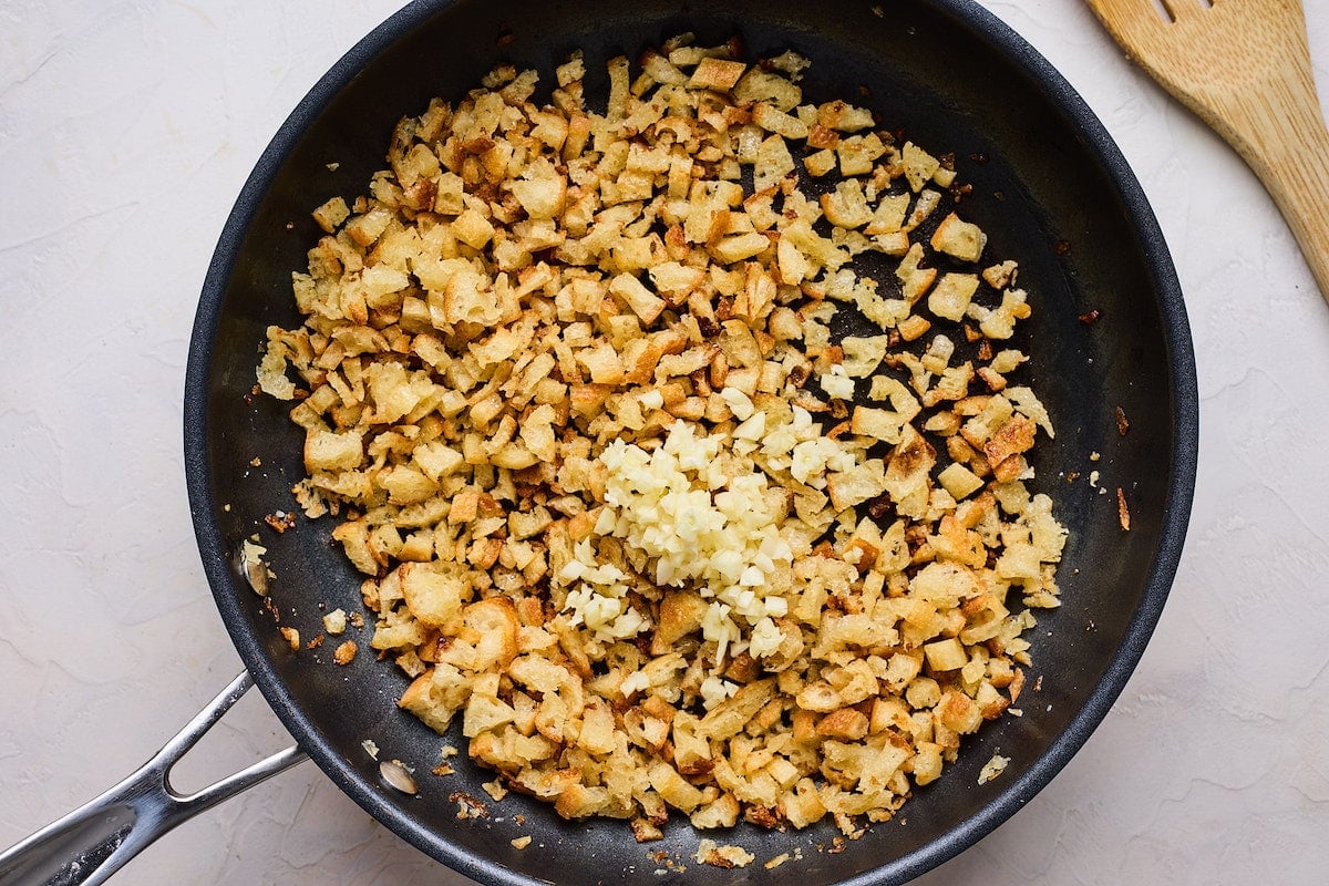 toasted garlic breadcrumbs in skillet.