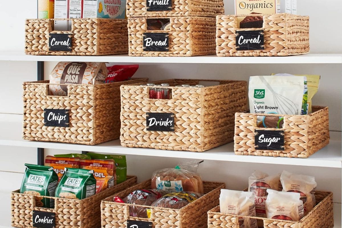 baskets to organize a pantry.
