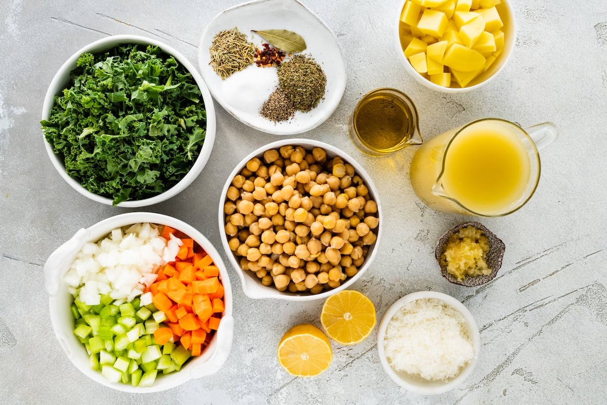 chickpea soup ingredients in bowls.
