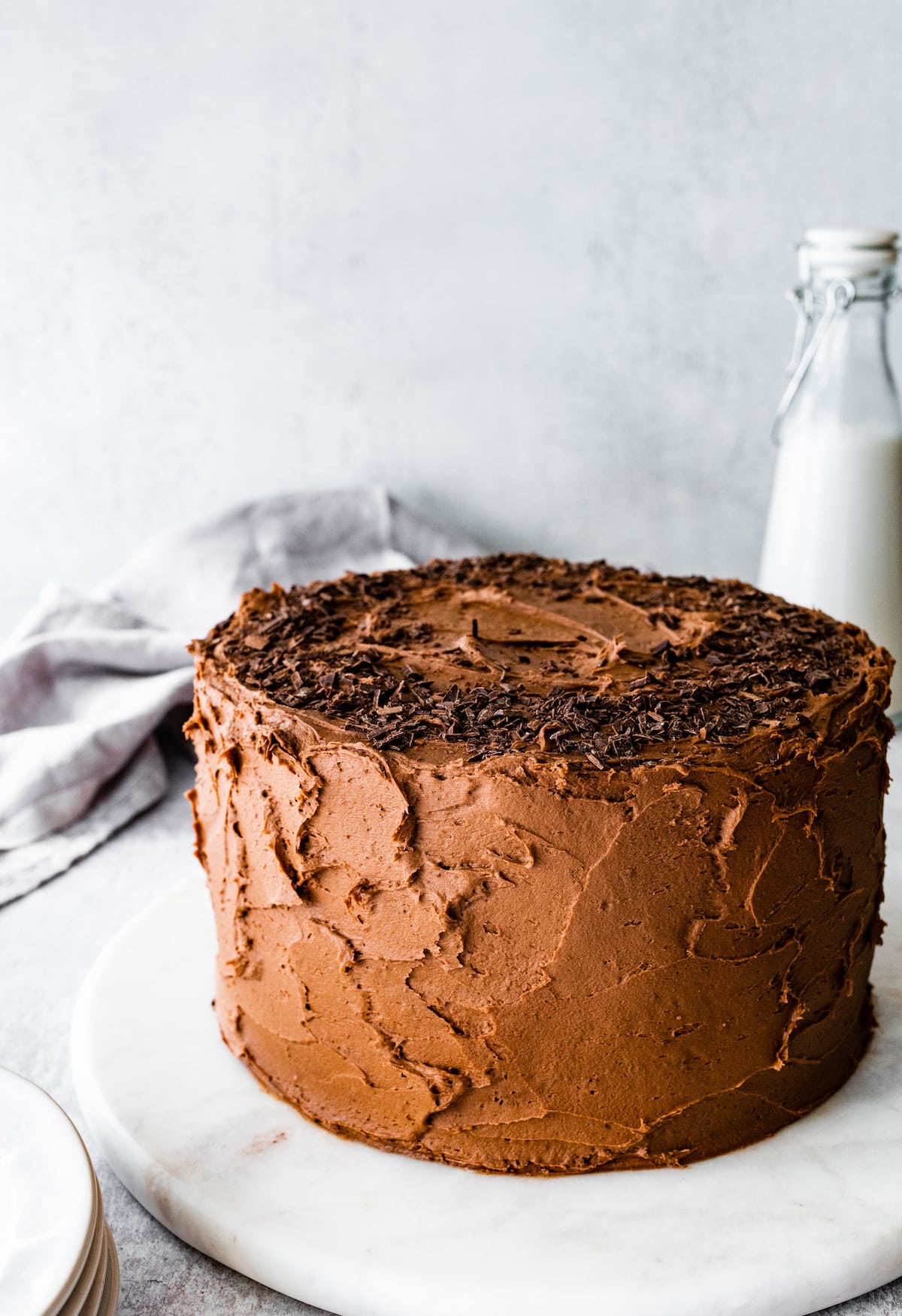 chocolate cake with chocolate shavings on top.