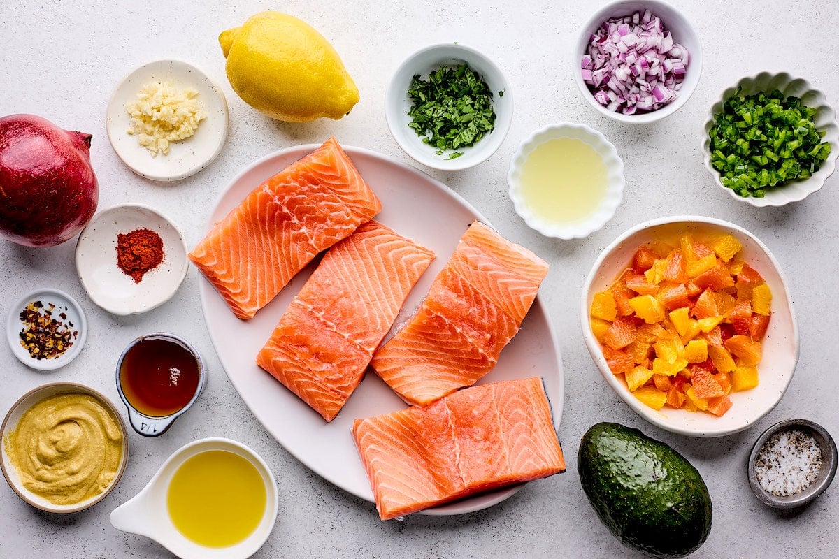 ingredients to make honey mustard salmon and citrus salsa.