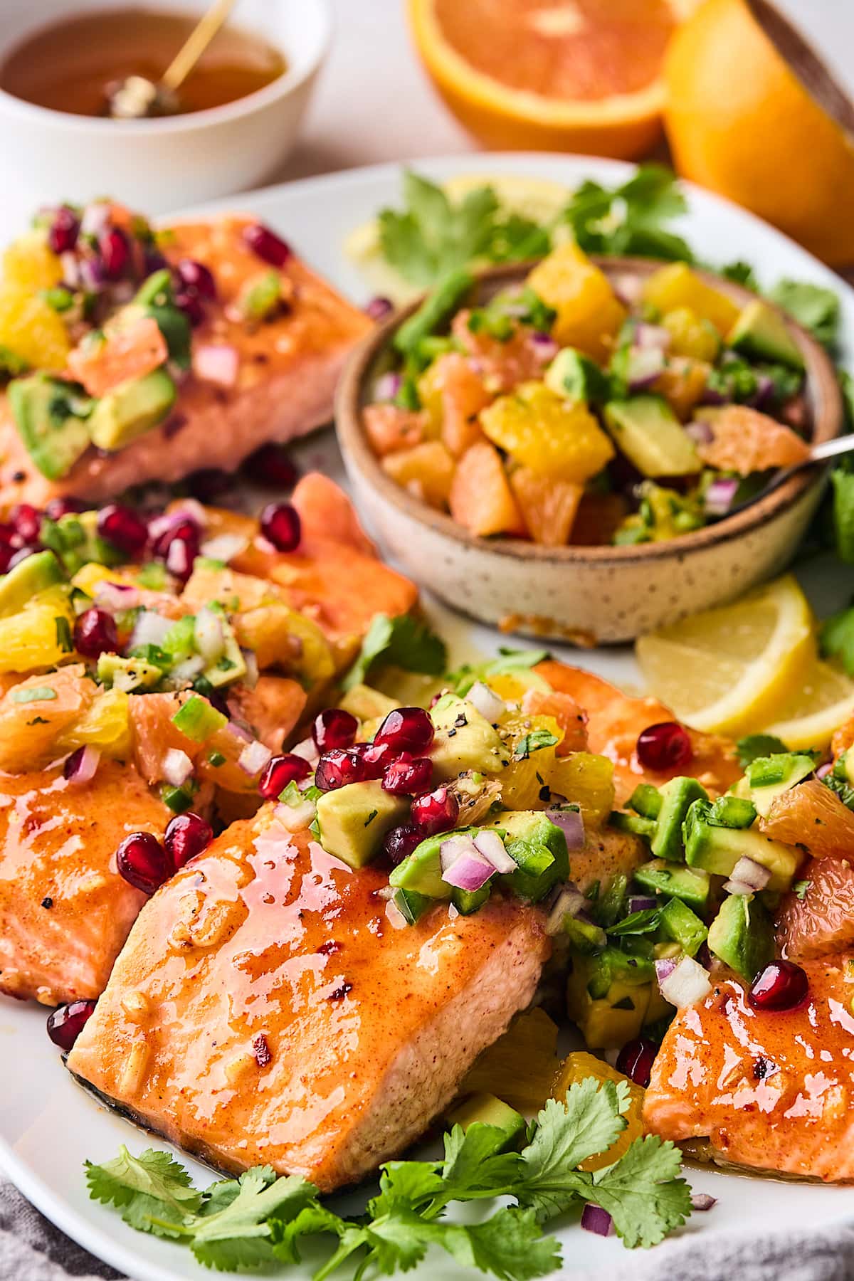 honey mustard salmon with citrus salsa.