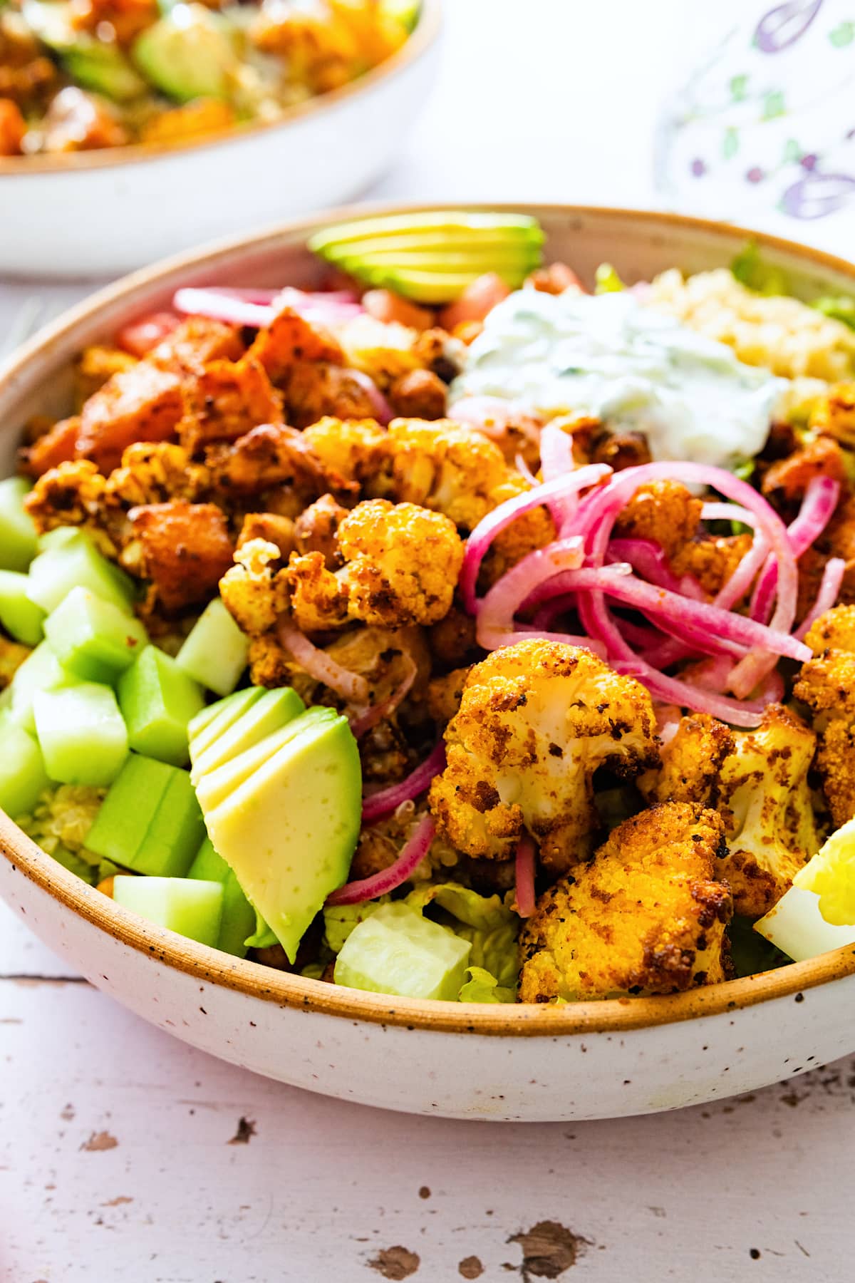 roasted cauliflower sweet potato chickpea bowl.