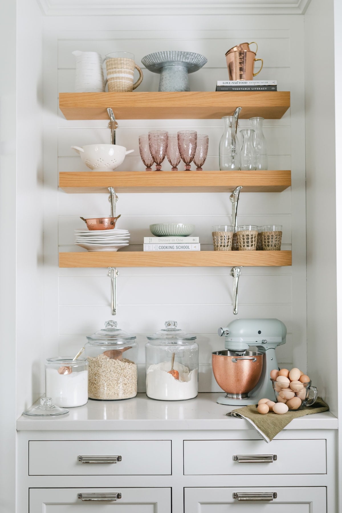 organized kitchen shelves.