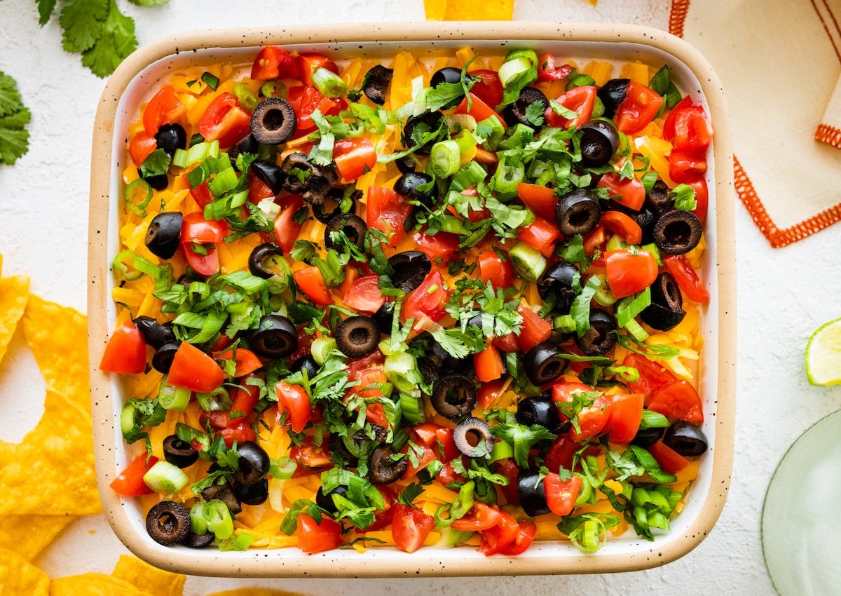 7 layer dip in dish.
