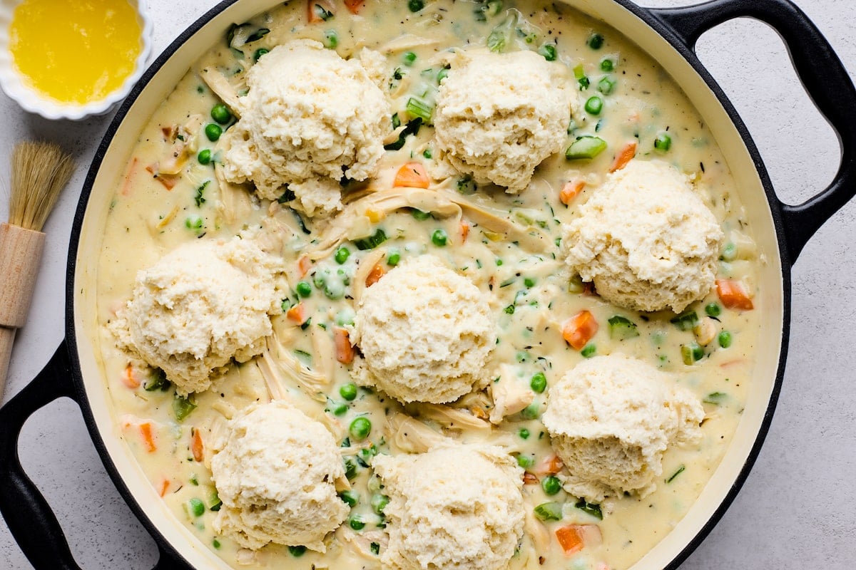 drop biscuits on top of chicken pot pie filling in large skillet.