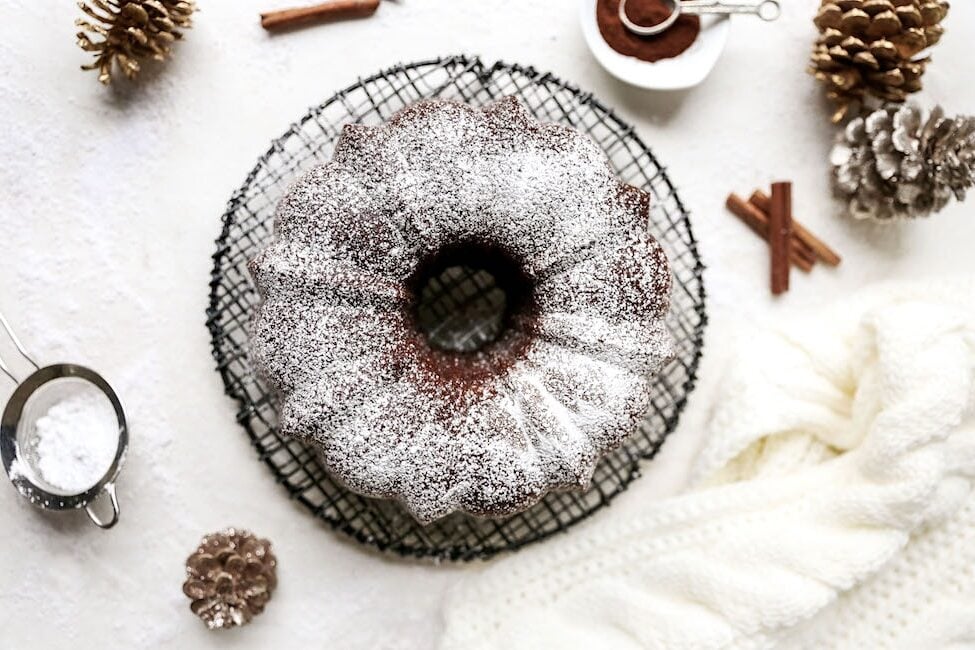 gingerbread bundt cake on cooling rack.