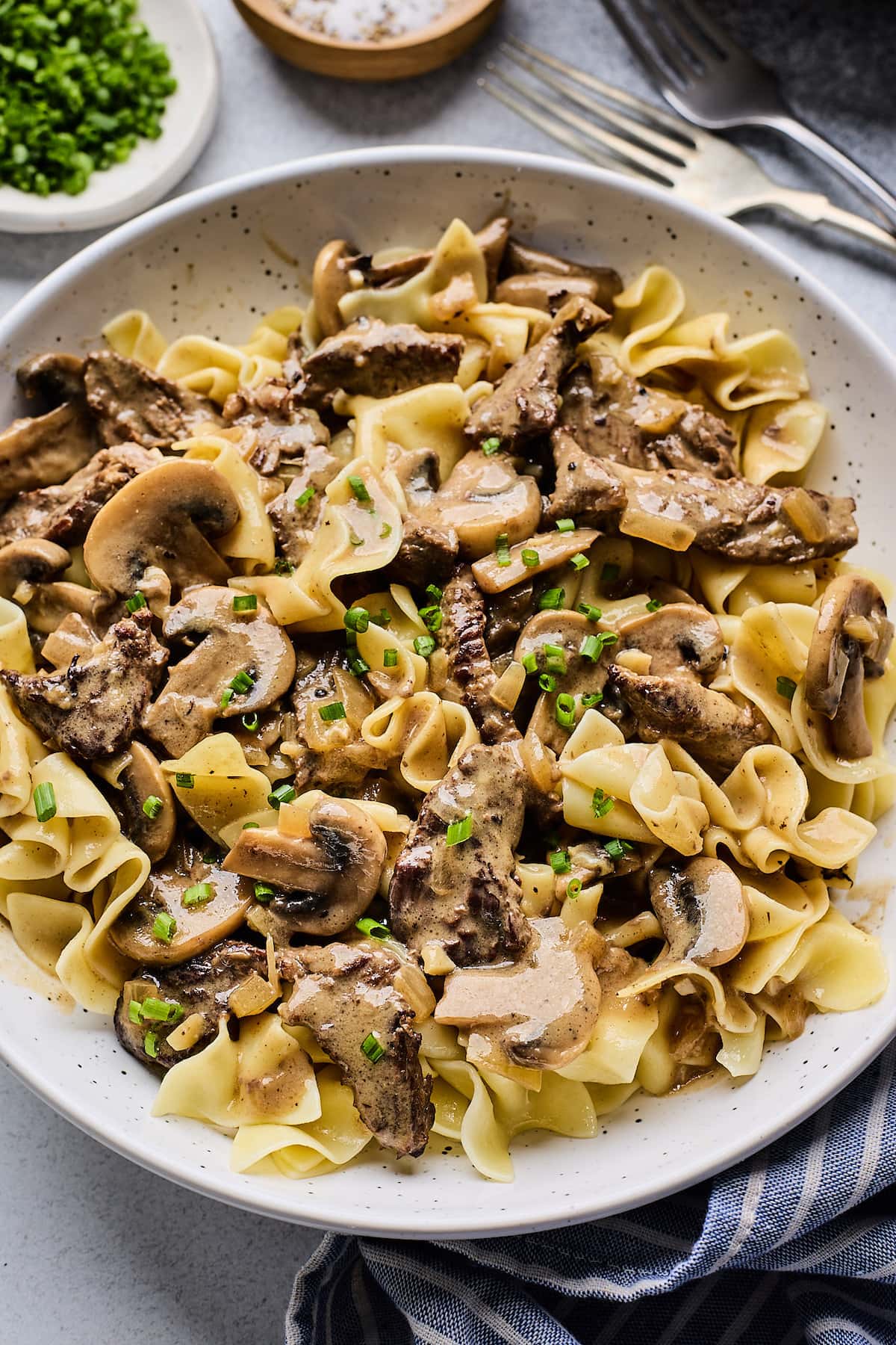 beef stroganoff with mushrooms and egg noodles in bowl.