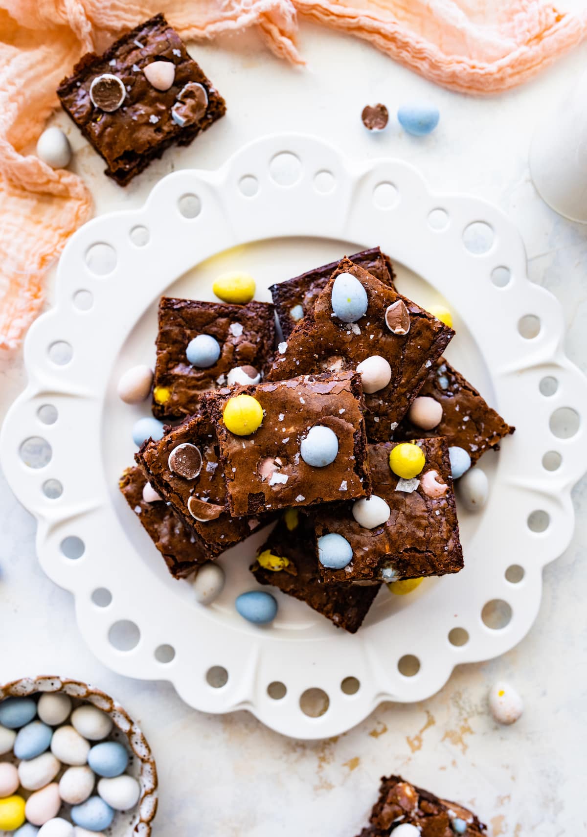 Cadbury egg brownies on plate.