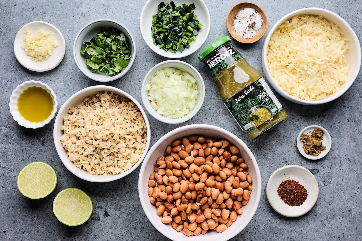 ingredients to make rice and beans skillet.