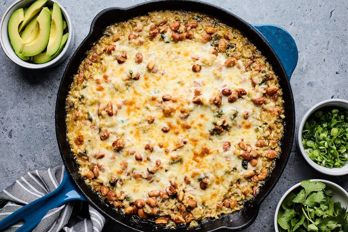 cheese rice and beans in skillet.