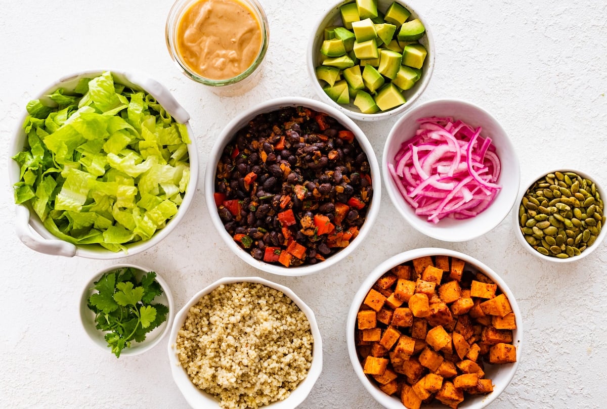 ingredients to make roasted sweet potato black bean bowl.