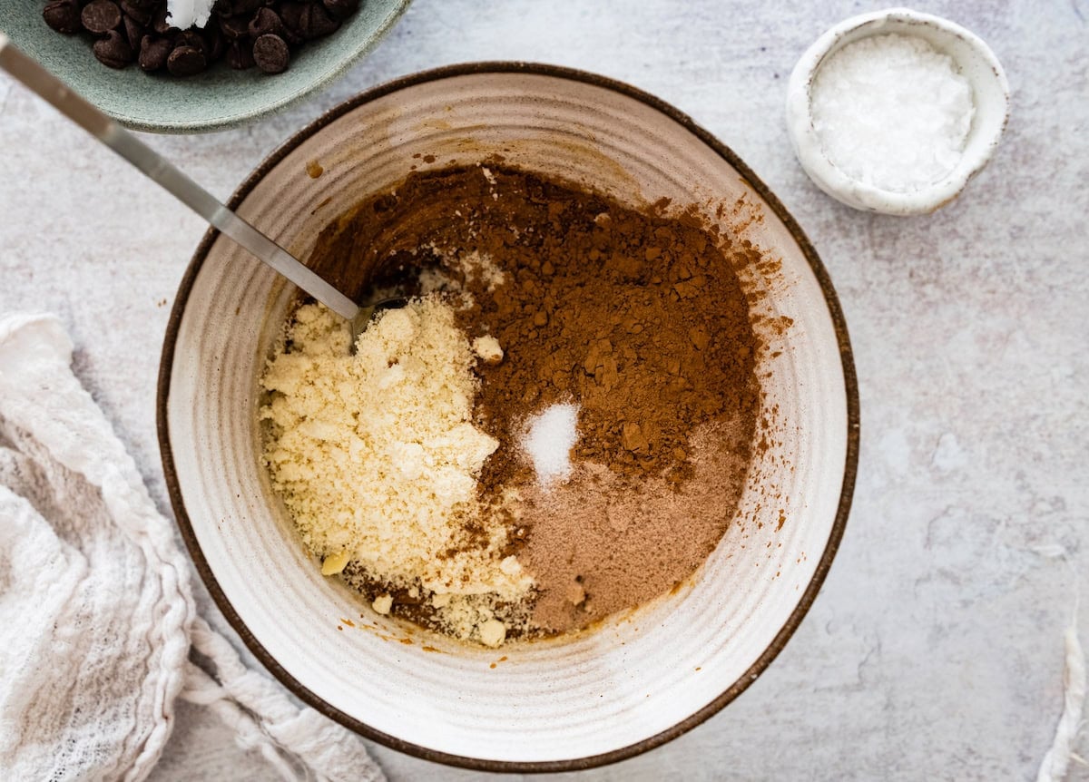 ingredients in mixing bowl to make brownie protein balls.