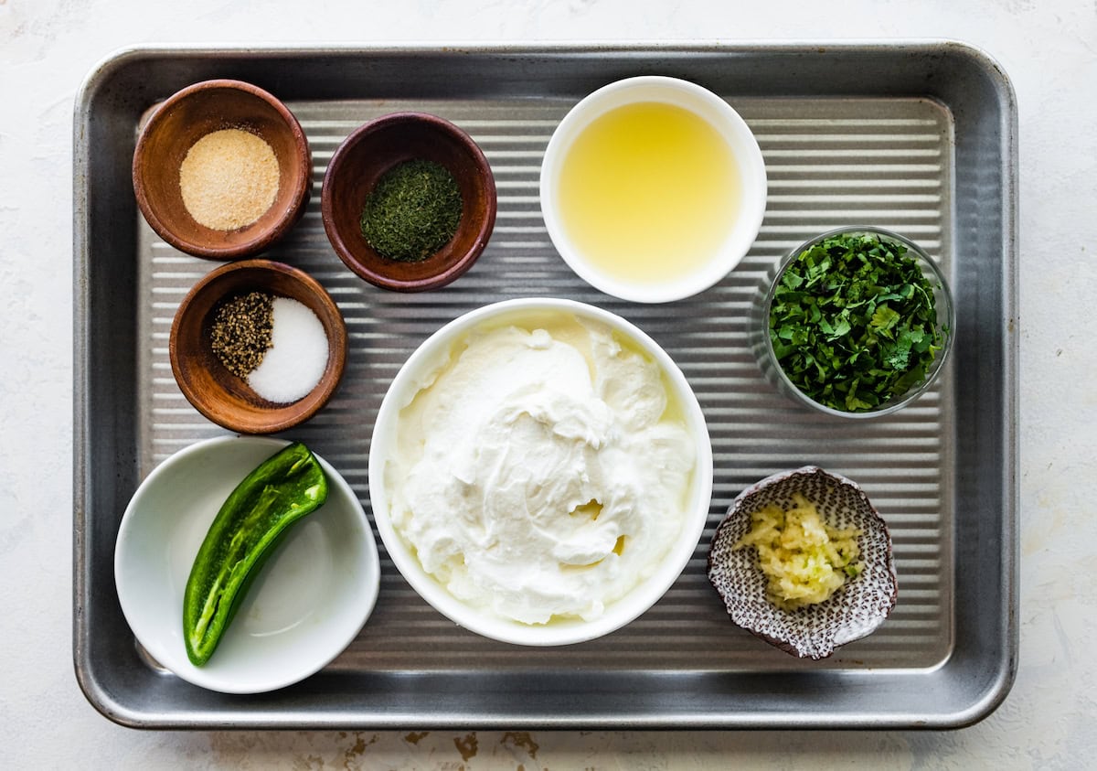 ingredients in bowls to make jalapeño ranch.