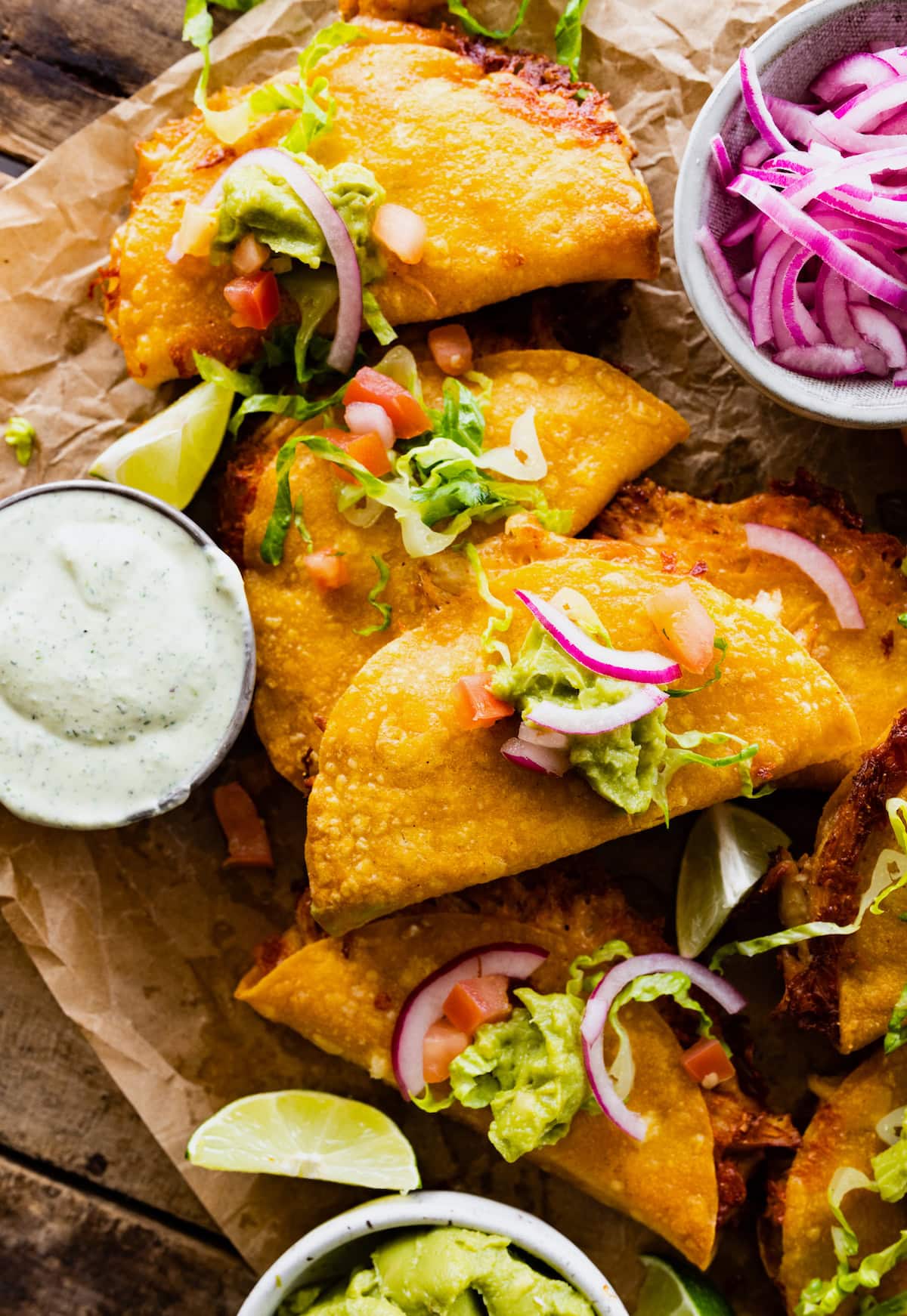 crispy chicken tacos with jalapeรฑo ranch.
