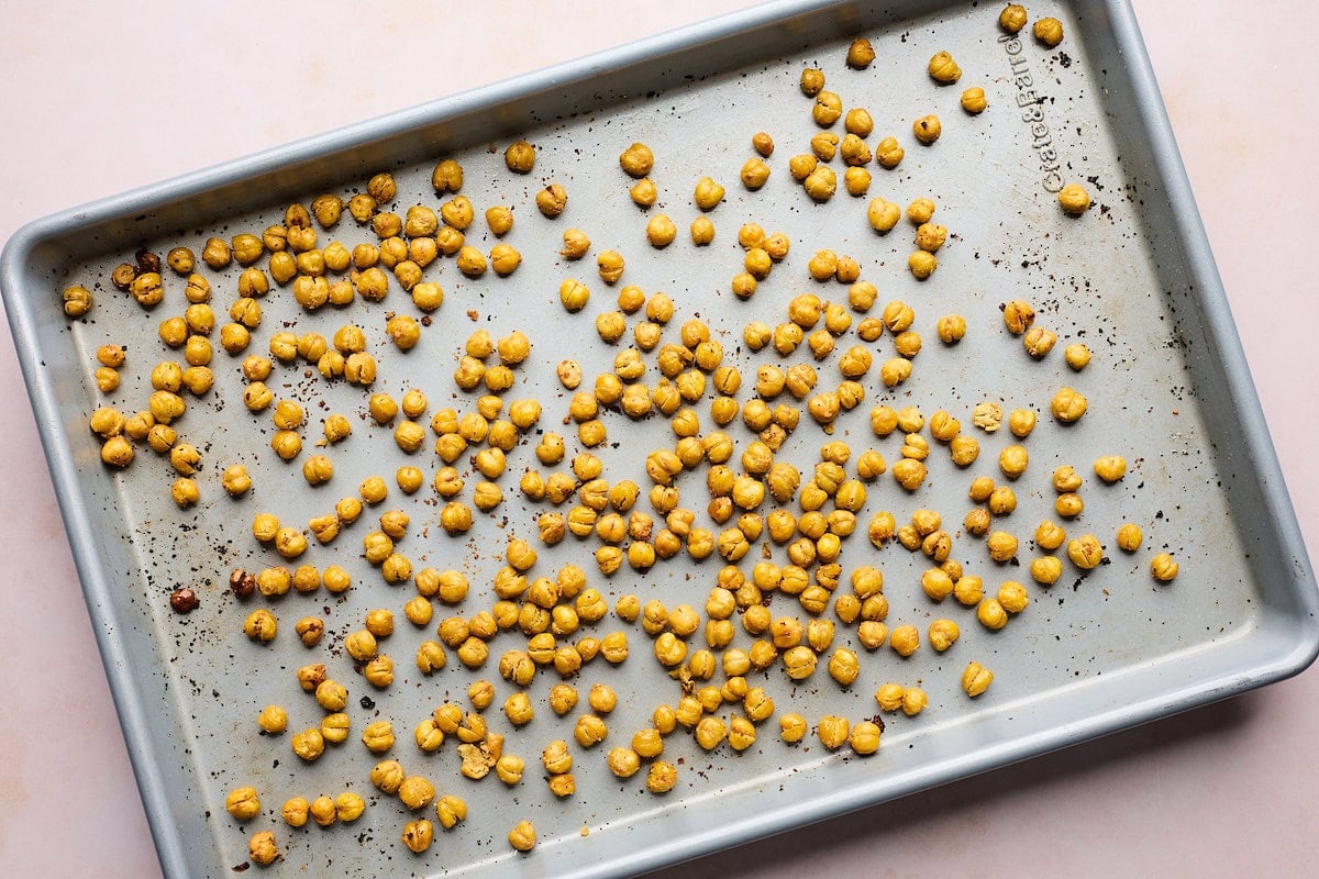 roasted chickpeas on baking sheet.