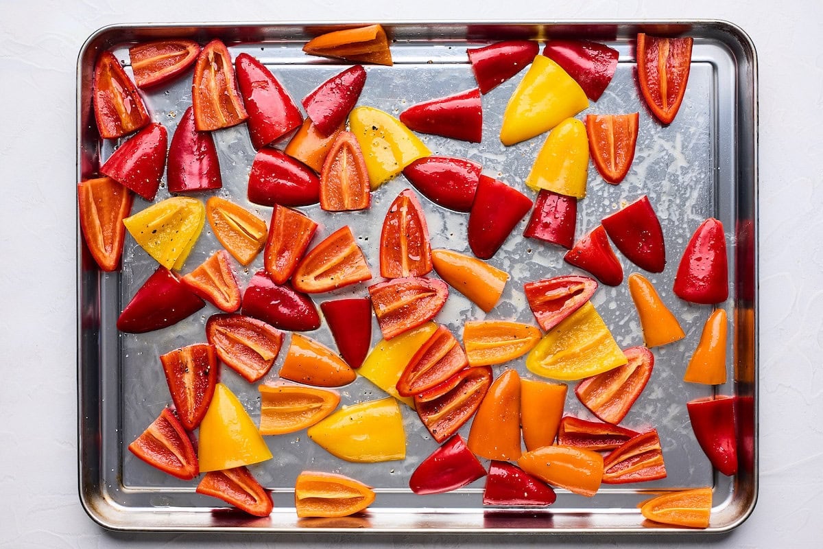 mini bell peppers on baking sheet.