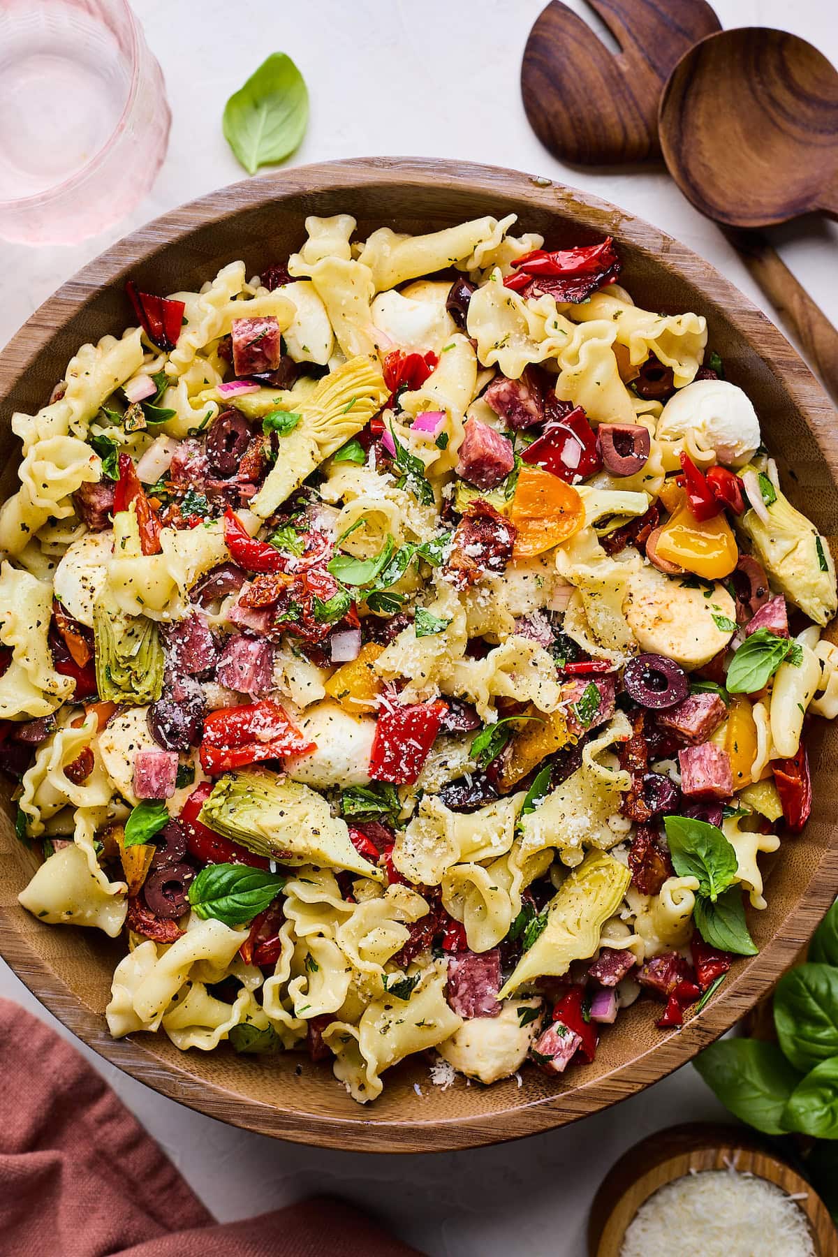 Italian pasta salad in bowl.