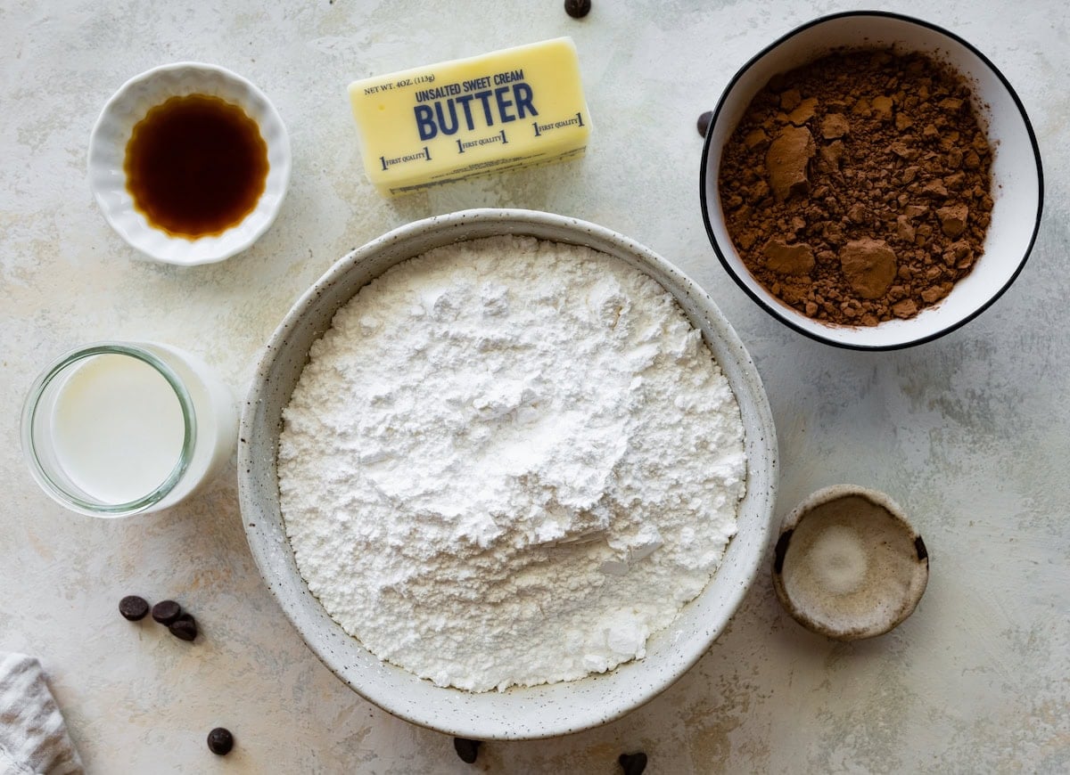 ingredients in bowl to make chocolate frosting.